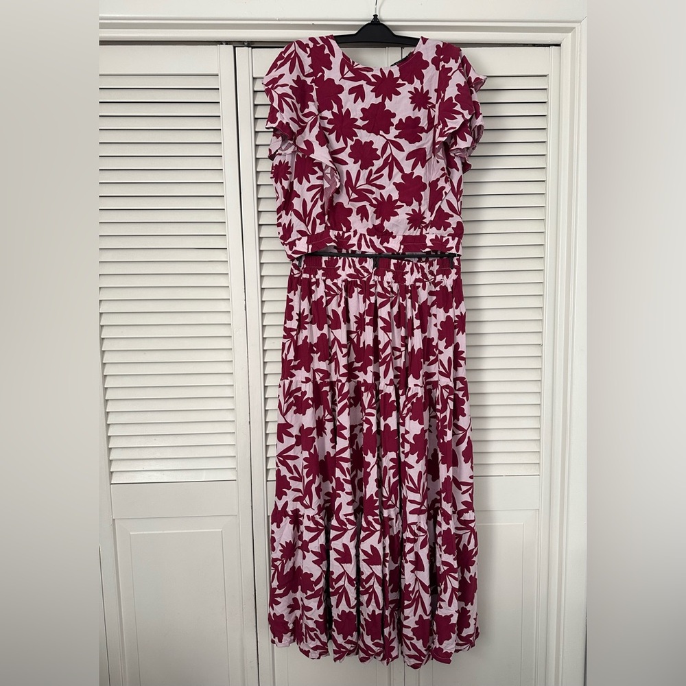 Eloquii Burgundy Floral Midi Skirt and Top Set EUC